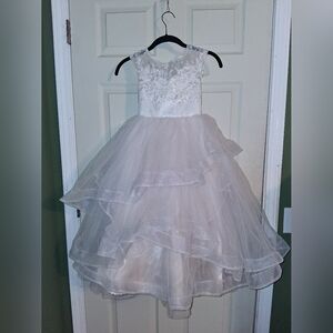 White Floral Appliqué Tulle Layered Girls' Dress With Cream Satin Under Skirt
